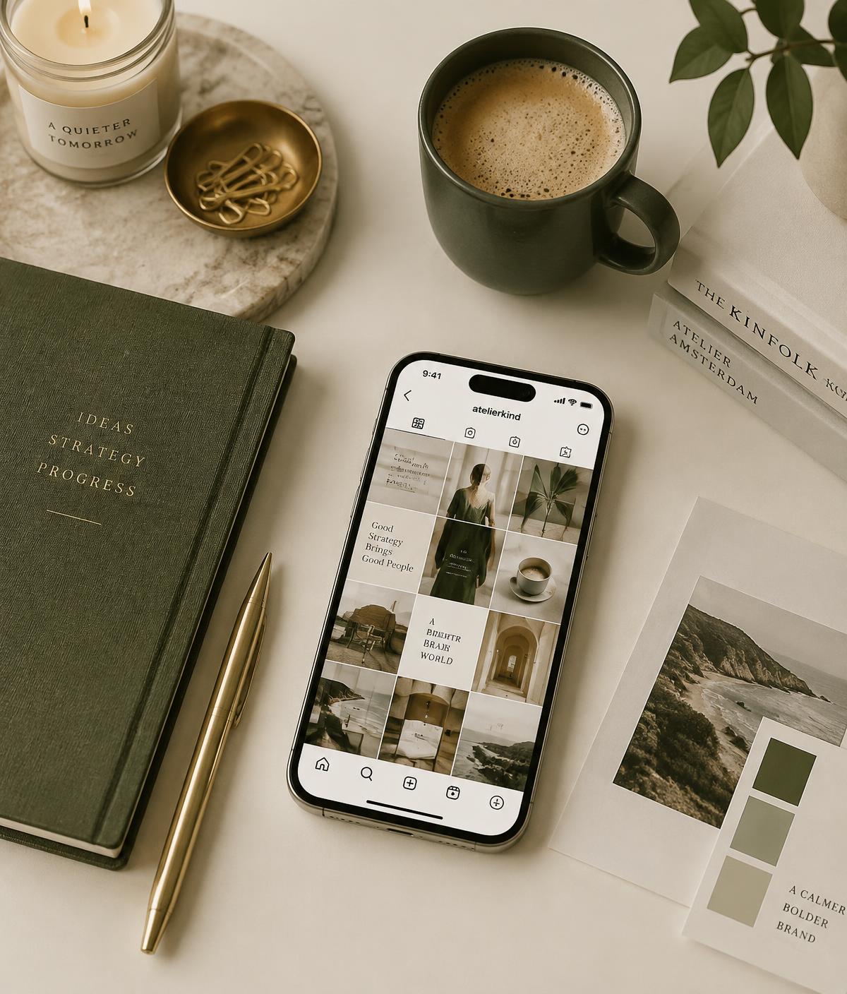 Signature Agency creative studio flat lay with a social media feed on a phone